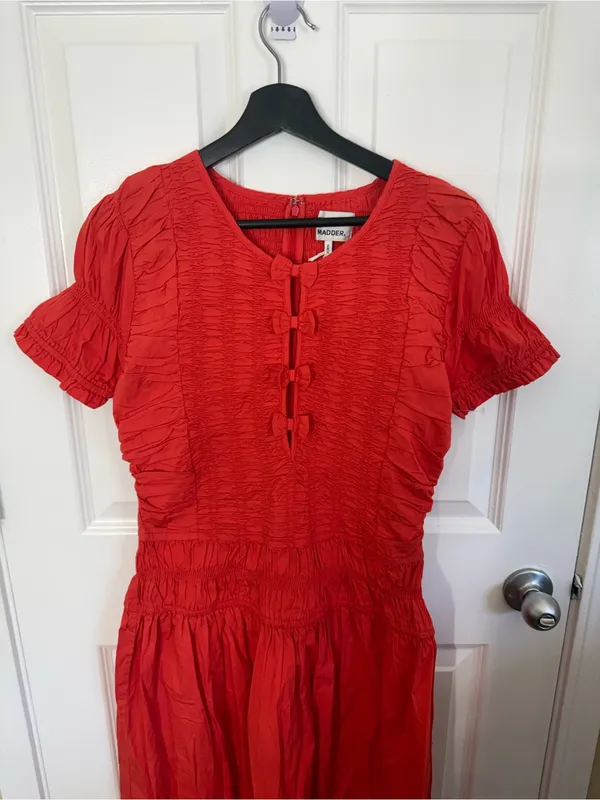Damson Madder Smocked Drop Waist Stretch Organic Cotton Midi Dress 10 - Image 3
