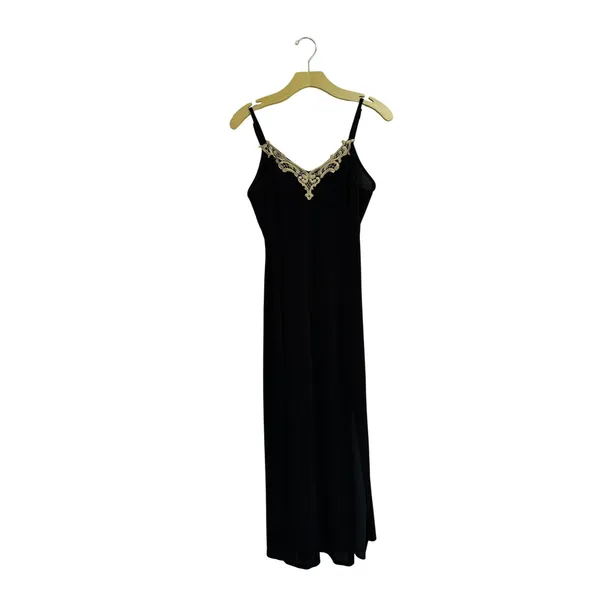 Vintage Delicates Black Velvet Maxi Nightgown Lace Neckline Side Slit Small - Image 4