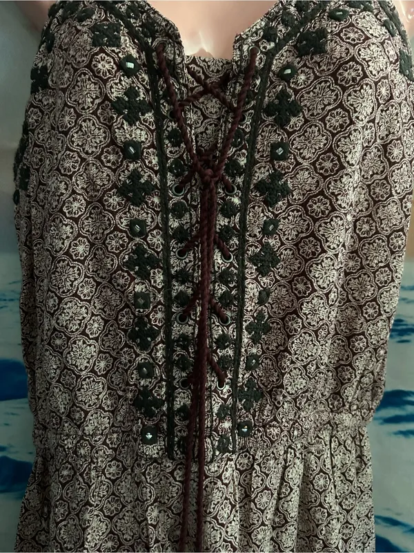 American Eagle Boho Lace-Up Tassel Romper in Cream & Burgundy SM NWOT - Image 7
