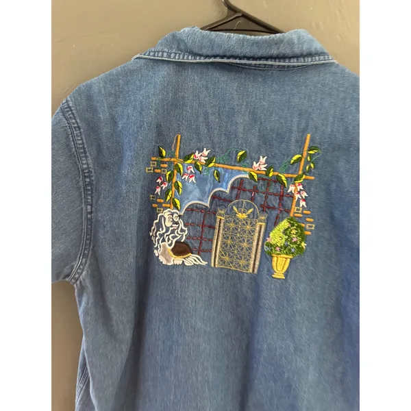 Effeci Vintage Sm Blue Denim Embroidered Garden Short Sleeve Button Down Shirt - Image 4