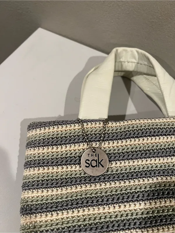 The Sak White Gray Seafoam Striped Crochet Tote Bag Leather Trim Mini Tote Purse - Image 4