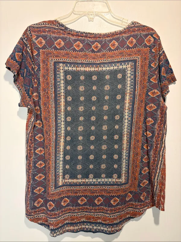 Lucky Brand Linen Blend Hi Low Short Sleeve Aztec Western Style Top Size XL - Image 2