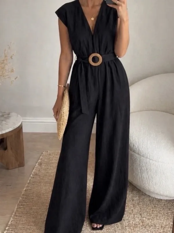 Zara Belted Black Linen V Neck Jumpsuit - Image 2