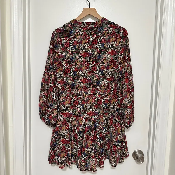 ENTRO | Floral V Neck‎ Button Front Long Balloon Sleeve Chiffon Mini Dress, S - Image 2
