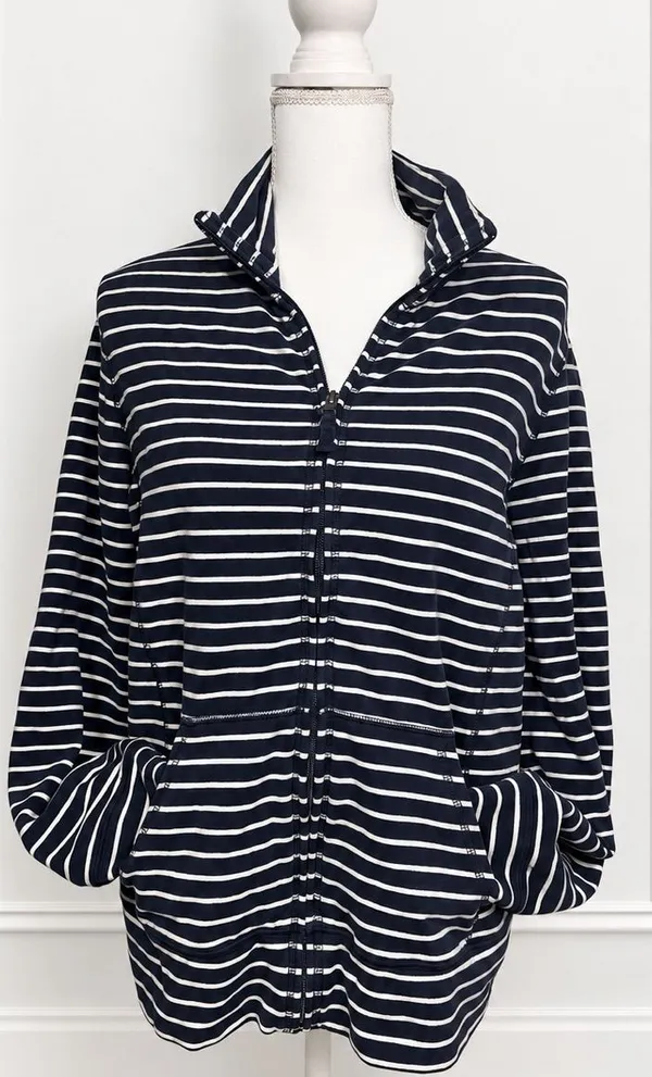 L.L.Bean Ultrasoft Sweats Full Zip Mock Neck Jacket Navy Stripe Women’s L - Image 2