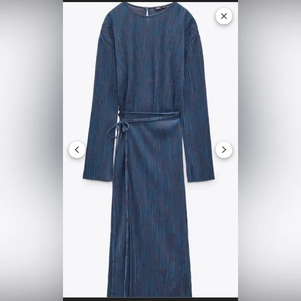 Zara Elegant Blue Patterned Dress Size L - Image 4