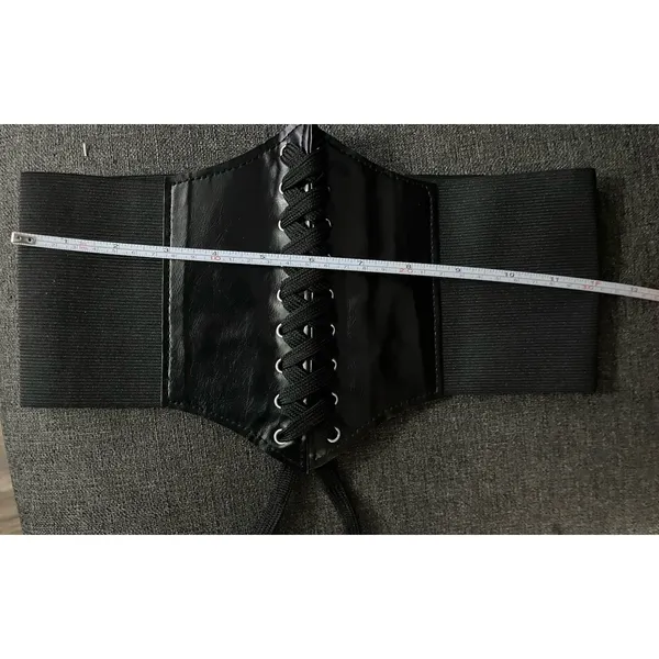 Black Wide Corset Waist Belt Lace Up Elastic Faux Leather gothic Small costume - Image 3