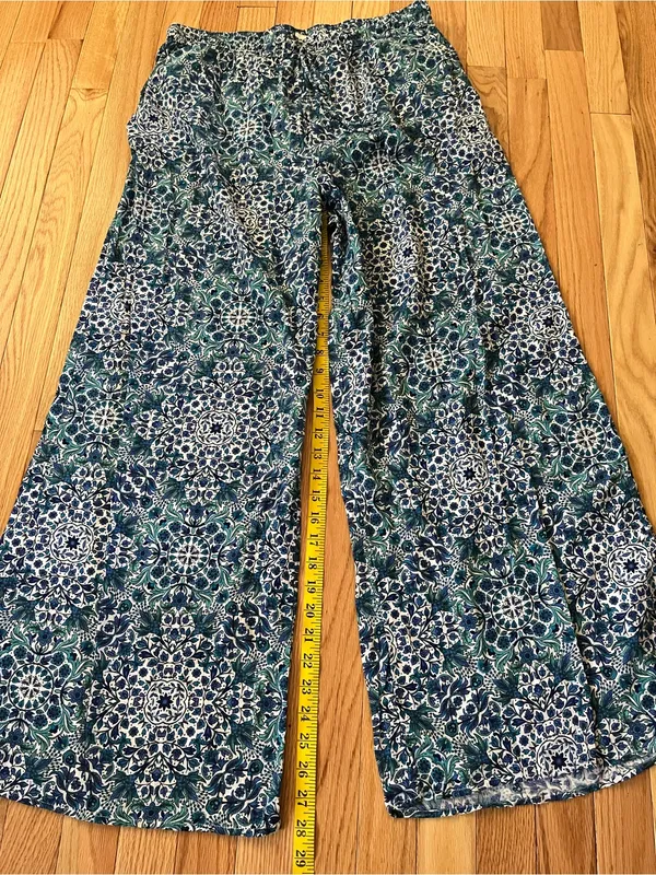 Primark Boho Coastal Wide Leg Pants Medium Blue Tile Print Vacation 100% Cotton Beachy - Image 7