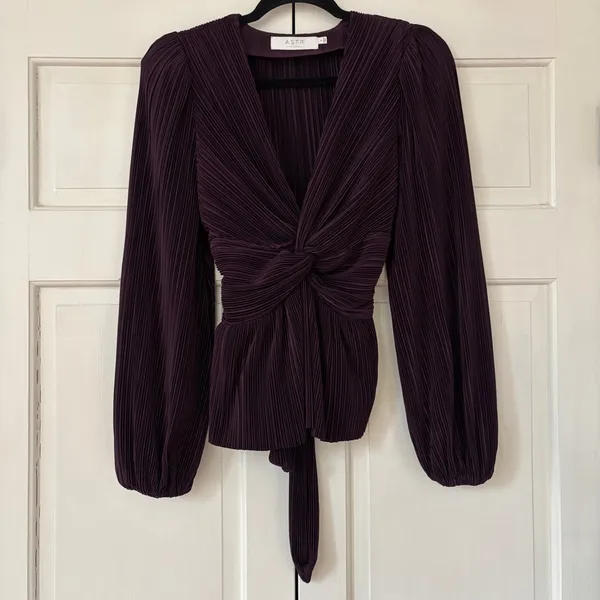 ASTR‎ the Label Plum Purple Plisse Pleated Knot Blouse Puff Shoulder Size Small - Image 2