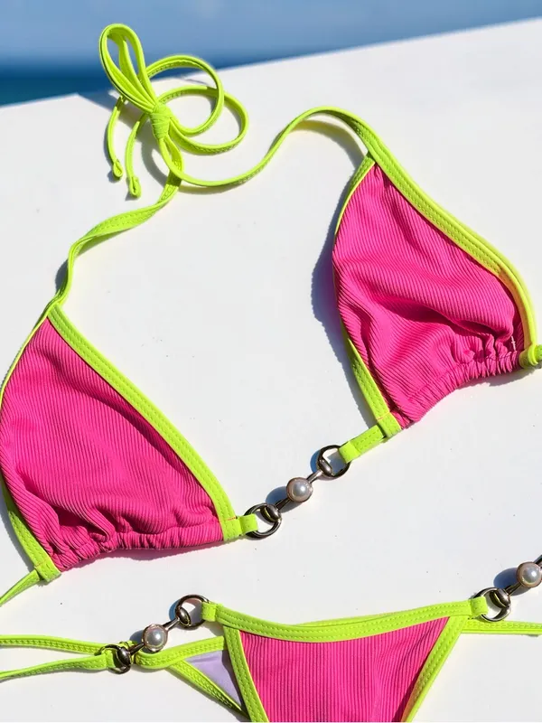Hot Pink & Neon Yellow Pearl Accent Bikini Set Small - Image 4