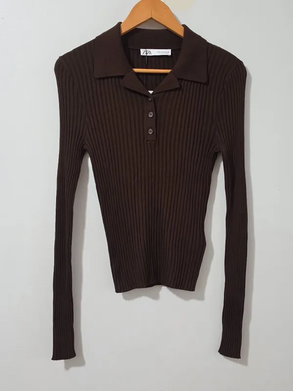 Zara Ribbed Knit Polo Top Long Sleeve - Brown - Size M - 3471 - Image 2