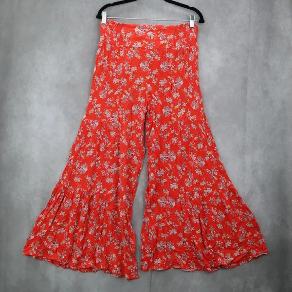 Red Floral Wide Leg Boho Y2K Cottage Pull On Straight Leg Flowy Pants Medium - Image 2
