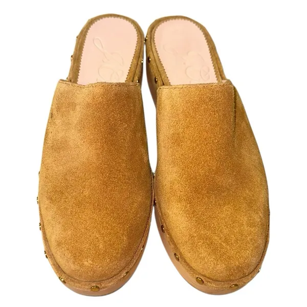 J Crew Dakota Clogs 6.5 Burnished Pecan Suede‎ Wooden Heel Slip On Mules - Image 2