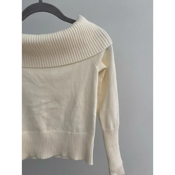 Women’s Ivory Off Shoulder Sweater Ribbed Foldover Cowl Neck Knit Pullover - Image 5
