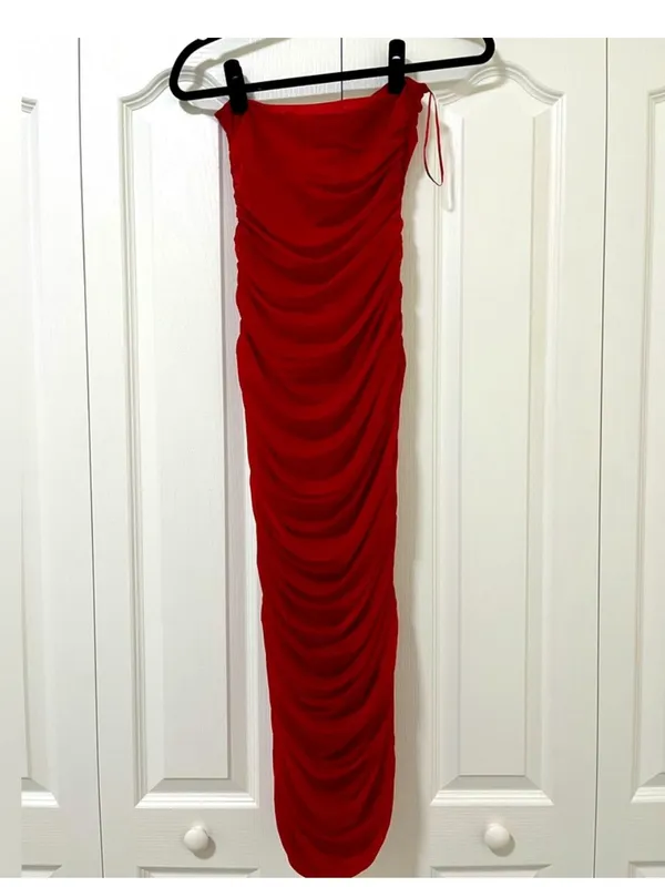 Zara Strapless Organza Dress Ruched Red L - Image 7