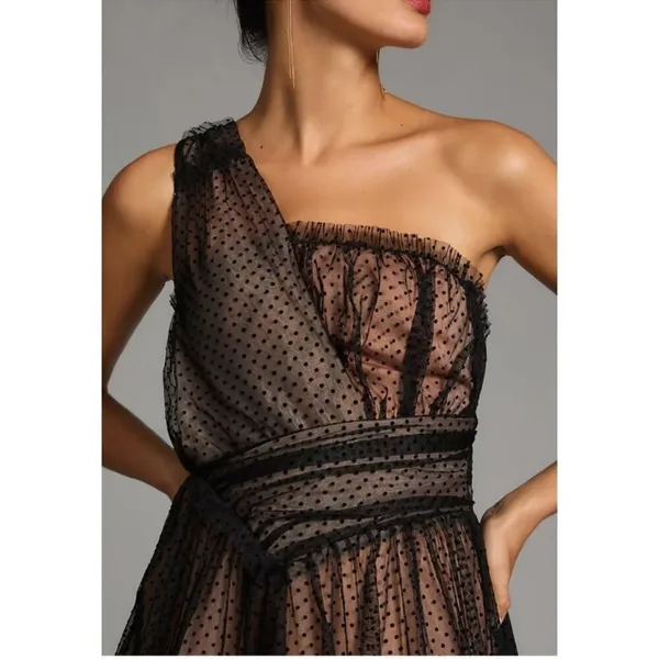 Anthropologie Black Tulle Dot One Shoulder Maxi Dress - Image 5
