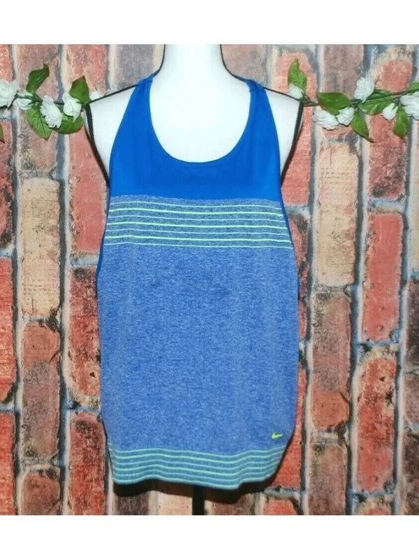 Nike Dri-FIT Womens Large Racerback Tank Top Blue Volt Green Striped Running - Image 3