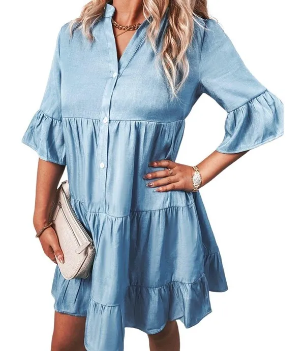 Buttoned front tiered mini dress - Image 3