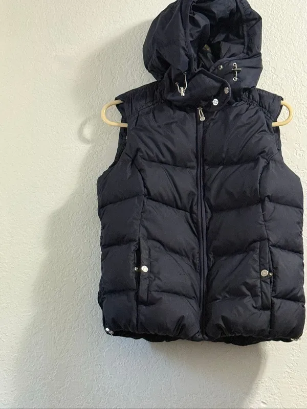 Eddie Bauer 650 Fill Down Vest Womens Blue M Hooded Ski Snow Puffer - Image 2