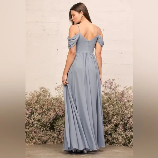 Lulus Lost In The Romance Chiffon Gown Slate Blue Small Prom Bridesmaid Formal - Image 4