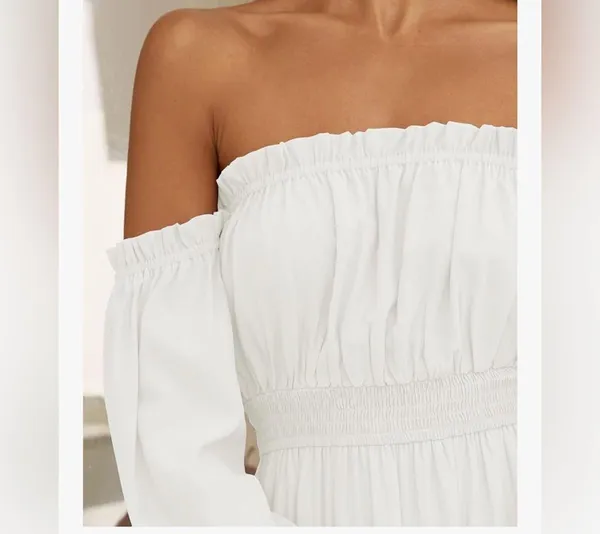 NEW Off Shoulder Long Sleeve Smocked Side Split Flowy Lined Tiered Maxi Dress M - Image 7