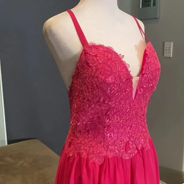Women’s Pink Full Length Prom Party Dress Lace Appliqué Spaghetti Straps Size 8 - Image 3