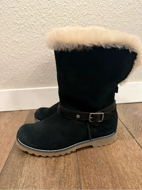 UGG Nessa Black Suede Shearling-Trim Buckle Mid-Calf Boots Size‎ 5 - Image 8