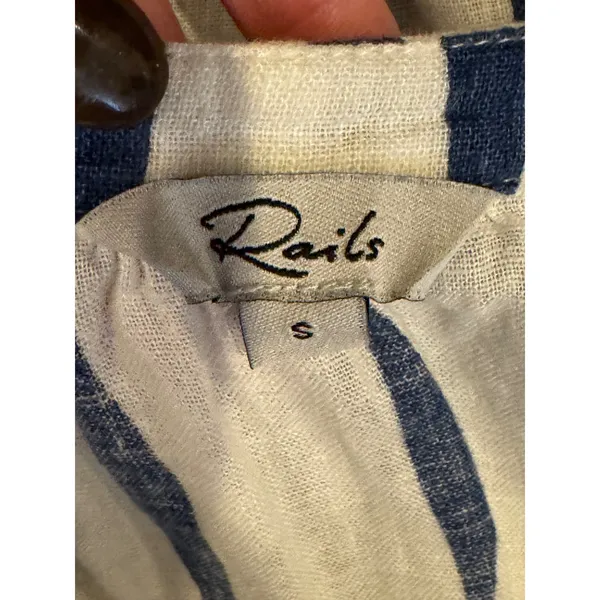 Rails Brielle Shirt Women Small White Blue‎ Wavy Stripe Linen Blend Tie Neck Top - Image 10