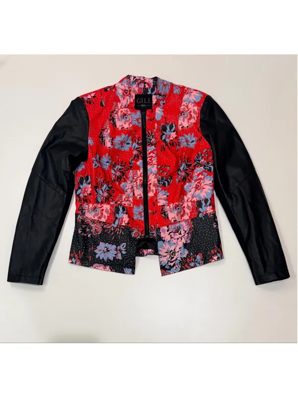 G.I.L.I. Got It Love It Floral Faux Leather Sleeve Zip Jacket Women’s Size 8 - Image 2