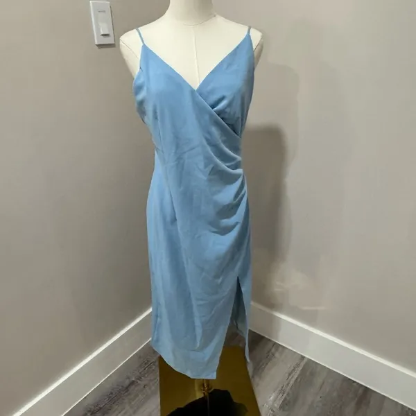 Hello Molly Blue Wrap Midi Dress V-Neck‎ Ruched Slit Backless XL US 10 - Image 3