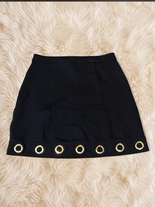Marilyn Monroe Black Gold Grommet Zip Mini Skirt Size M Y2K Moto Grunge - Image 5
