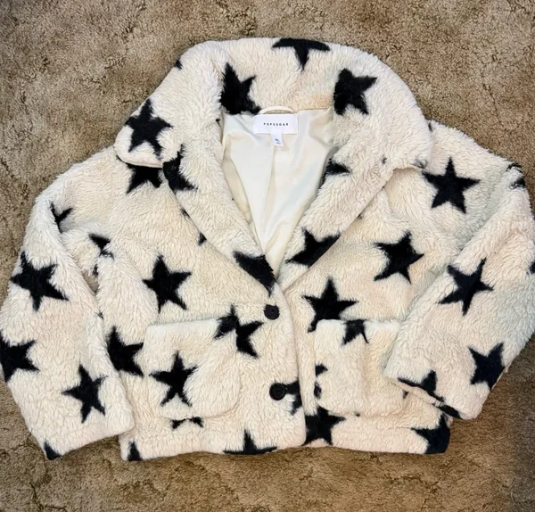 POPSUGAR Black White Star Faux Fur Teddy Jacket XL - Image 4