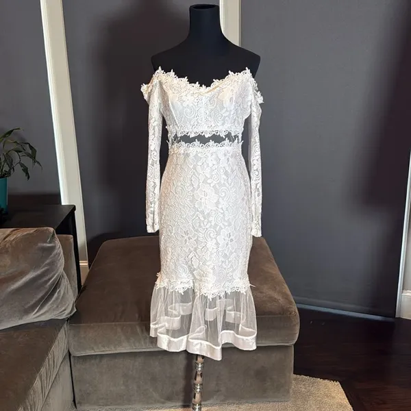 White Floral Lace Long Sleeve Off the Shoulder BodyCon Party Dress Size M *READ - Image 2