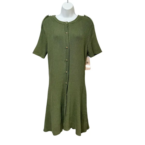 French Connection Olive Green Ribbed Military Sweater Dress Gold Button Mini L - Image 2