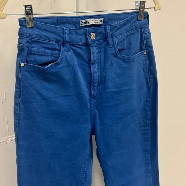 Zara High Waisted‎ Skinny Jeans Cobalt Blue Raw Hem Side Slit Women's Size 4 W26 - Image 6