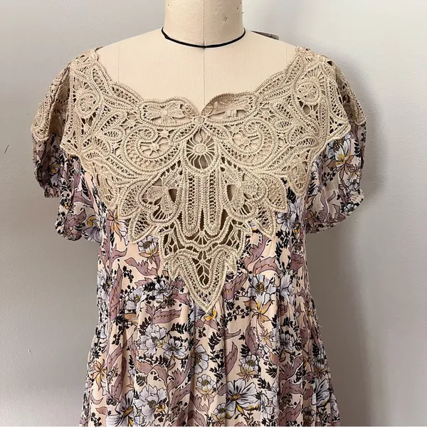 Free People Margot Ivory Printed Mini Dress with Lace Trim Size Extra Small $168 - Image 7