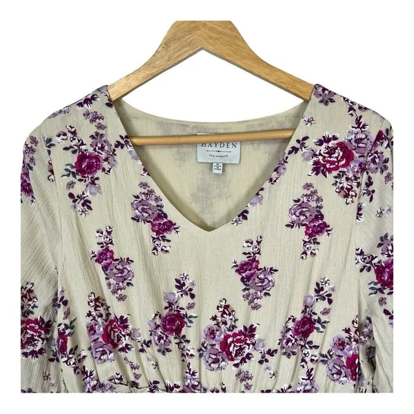 Hayden Los‎ Angeles Purple Floral Tiered Smocked Waist Rayon Dress Medium Boho - Image 5