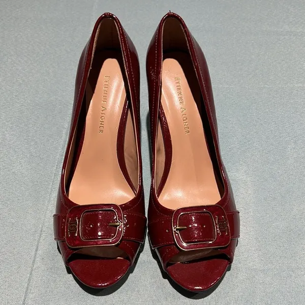 ETIENNE‎ AIGNER Dune Red Patent Vegan Open-Toe Heels Shoes Size 6.5M Buckles B42 - Image 3