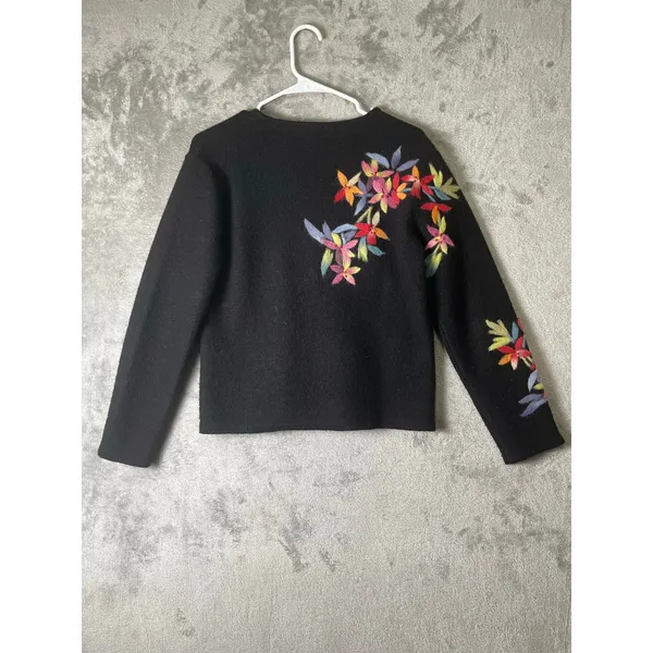 Vintage Black Floral Embroidered Wool Cardigan Jacket Cottagecore Folk Art Boho - Image 3