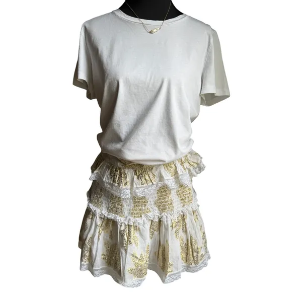 Cotton Mini Skirt Boho White Gold Lurex Smocked Romantic Size L Chloe Laetitia - Image 7