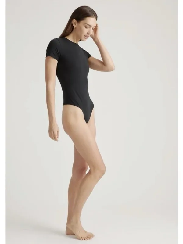 Quince Organic Cotton Stretch Crew Neck Short Sleeve Bodysuit Black Size L - Image 2
