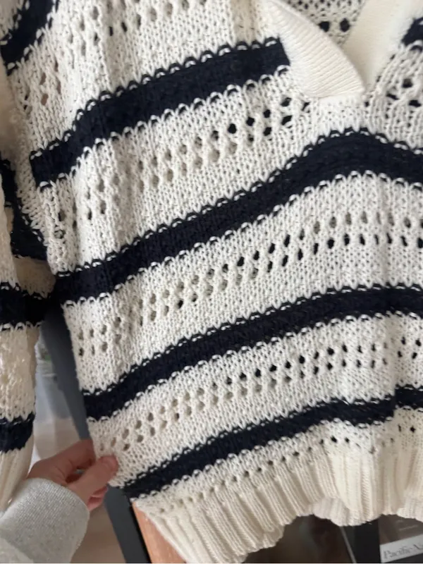 ASTR Striped Open Knit Polo Sweater top short sleeve crochet coverup collar - Image 9
