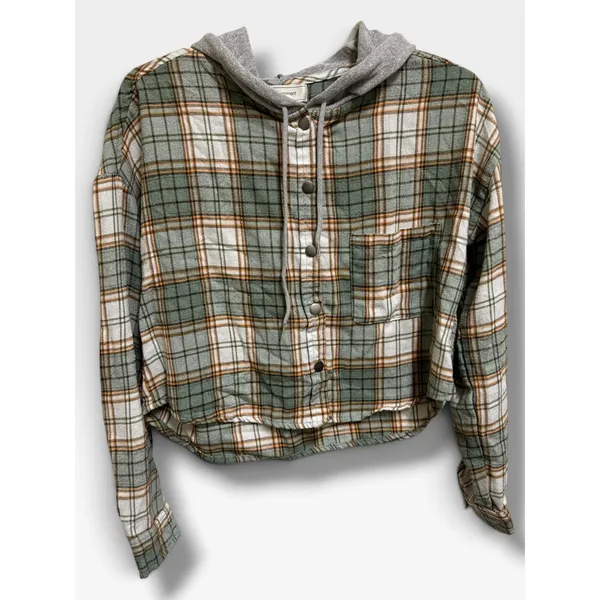 No Comment Plaid Hooded Cropped Flannel Shirt Green Gray Grunge Medium - Image 3