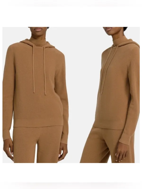 Theory Ribbed Mock Neck Hooded Wool Blend‎ Sweater Women's S Tan Quiet Luxury - Image 2