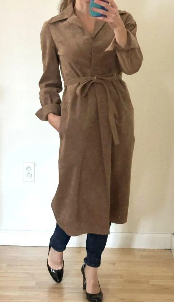 Vintage 70s Faux Suede Button Front Belted Jacket/Dress Sz S/M - Image 11