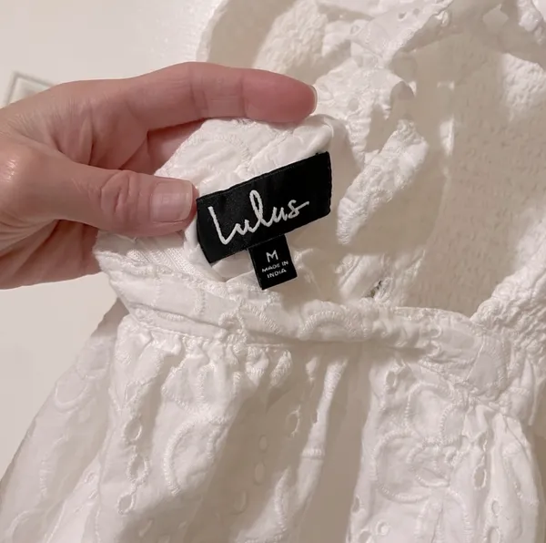 Lulu's Sweet Bliss White Floral Eyelet Smocked Ruffled Backless Dress Size Med - Image 8