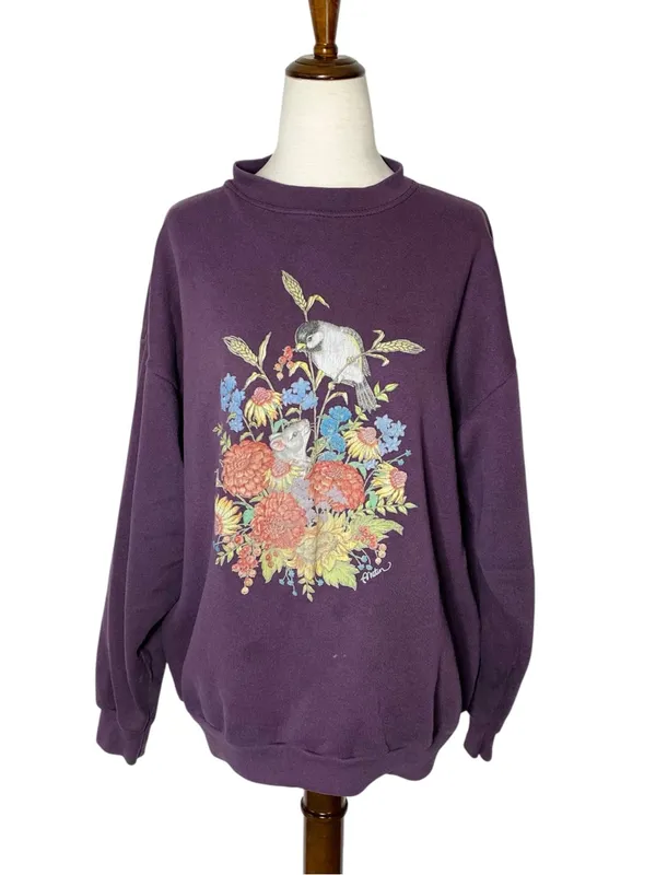 VINTAGE DECOTEX Bird Mouse Flowers Granny Sweatshirt - Image 2