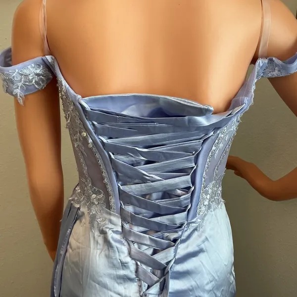 Lavender Lace Corset Formal Gown Off Shoulder Satin Dress - Image 9