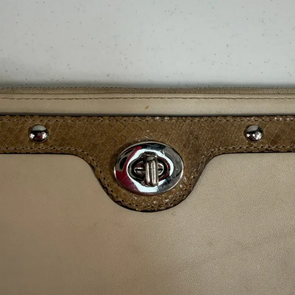 Coach Wristlet Wallet Turnlock Snakeskin Trim‎ Leather Beige ID Pockets NO FOB - Image 3