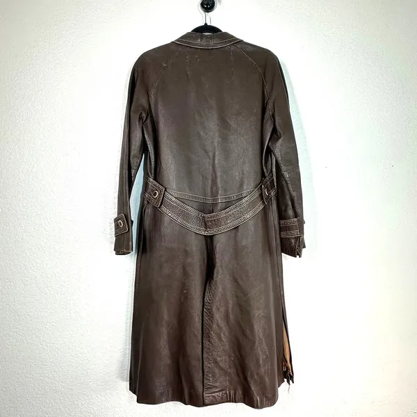 Leda Spain 12 vintage brown leather trench coat jacket long 70's retro - Image 3